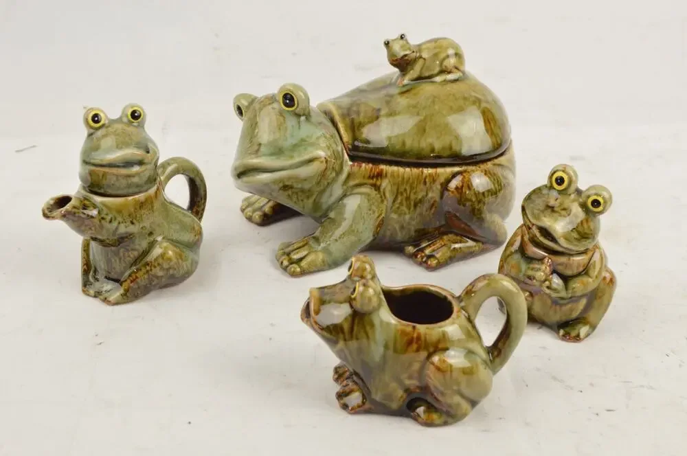 Frog Ceramic Tea Condiment Set x4 Lidded Bowl Sugar Creamer Green Glazed Pottery